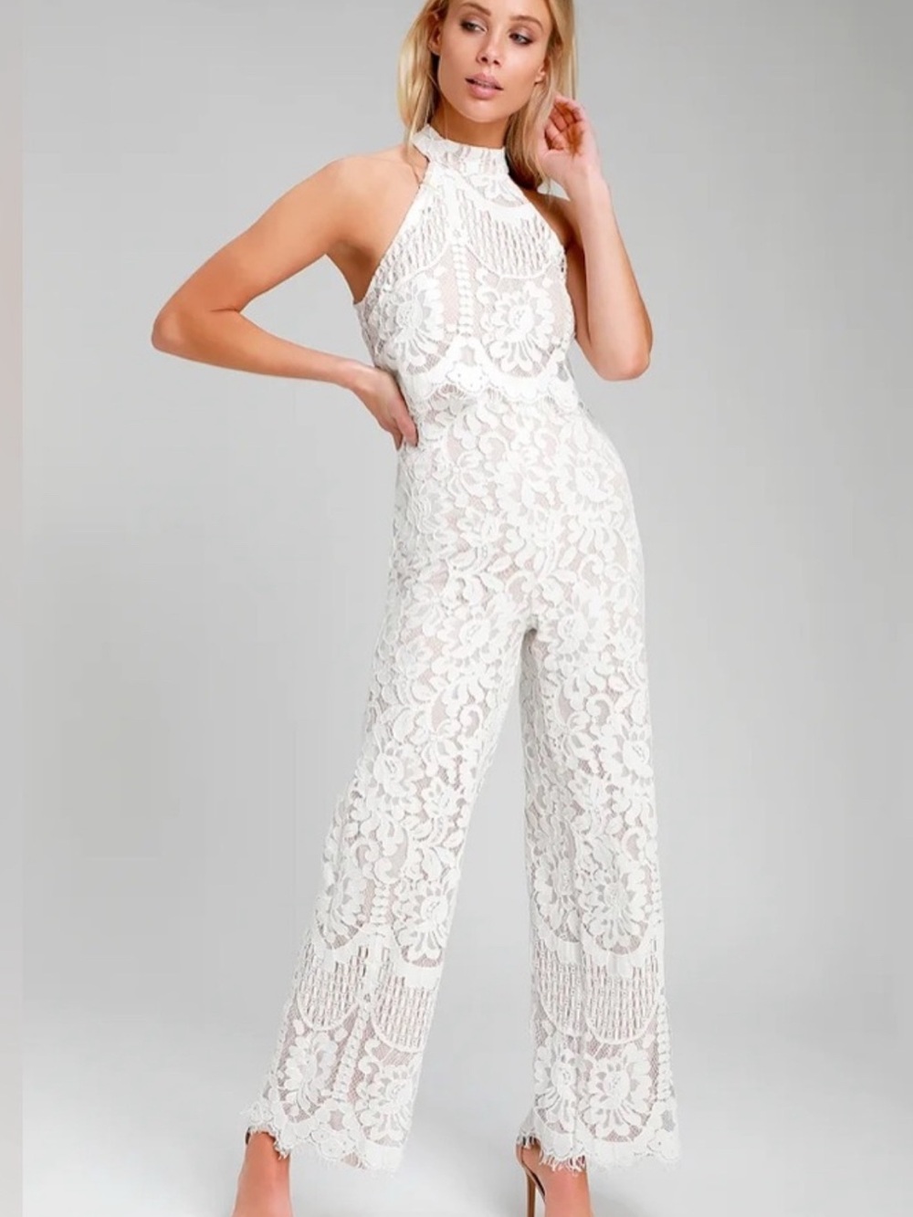 Lulu's White Lace Halter Neck Jumpsuit